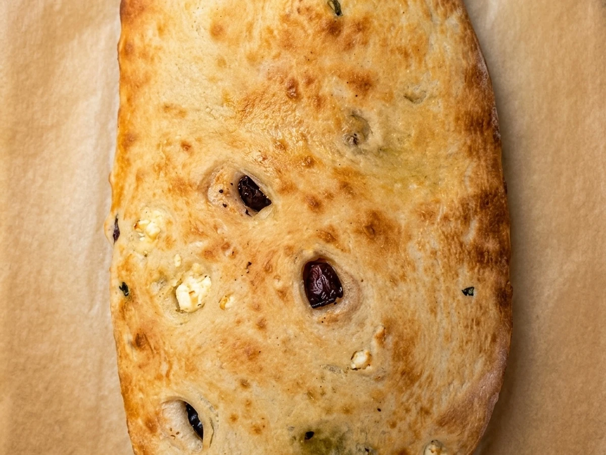 Golden baked calzone stuffed with cheese at Basile's 2 For 1 Pizza & Pasta in Beaumont, AB