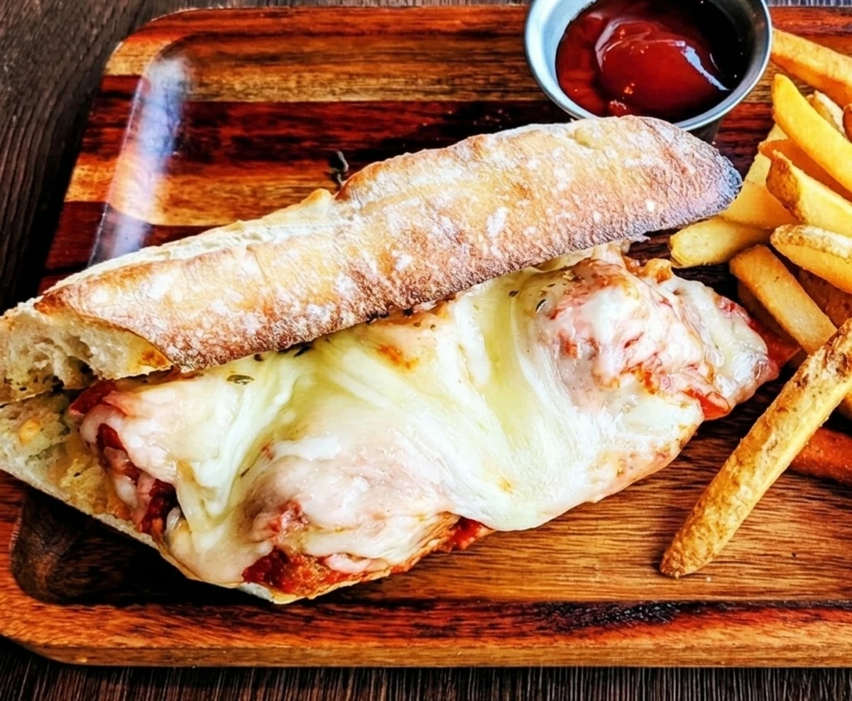 Toasted sub with melted mozzarella and fries at Basile's 2 For 1 Pizza & Pasta in Beaumont, AB