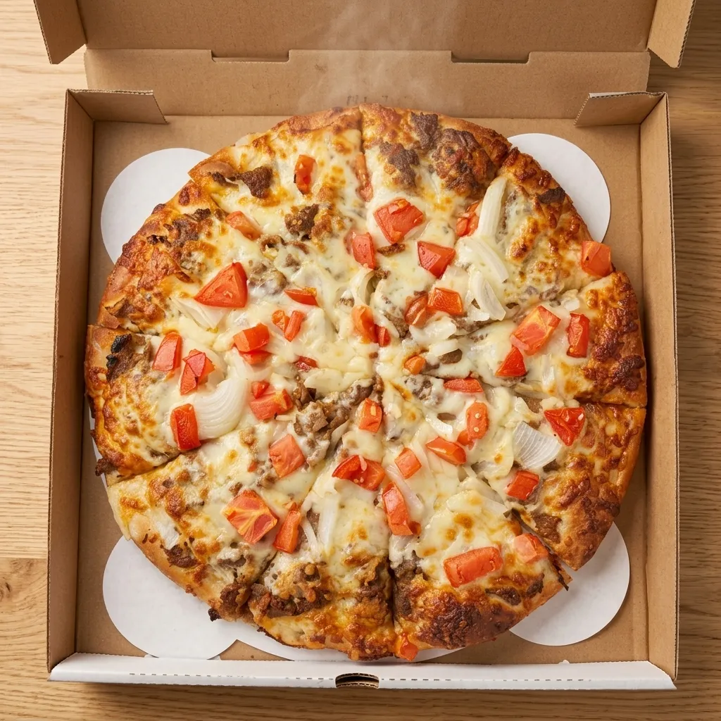 Donair pizza with seasoned donair meat, onions and tomatoes at Basile's 2 For 1 Pizza & Pasta Beaumont