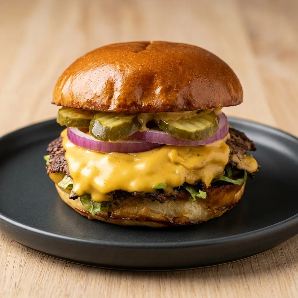 Double smash burger with melted cheese, pickles and red onion at Basile's 2 For 1 Pizza & Pasta Beaumont AB