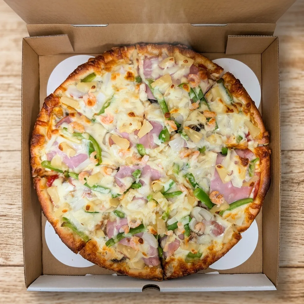 Royal pizza with ham, shrimp, pineapple and green peppers at Basile's 2 For 1 Pizza & Pasta Beaumont